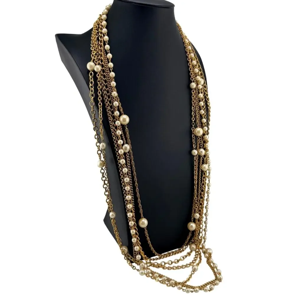 Vintage Joan Rivers 1990s Faux Pearl Layered Multichain Gold Tone 33